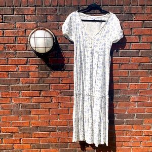 White Flowy Maxi Dress with Lavender and Navy Flowers